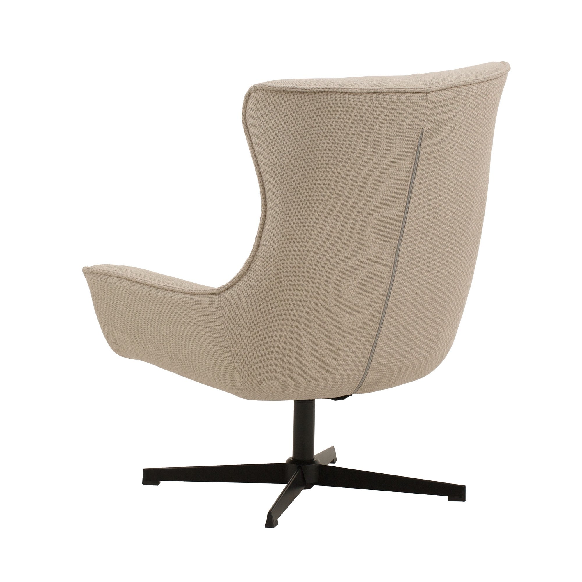 poltrona girevole riga in tessuto beige e base in metallo nero, vista ambientata in soggiorno o angolo lettura