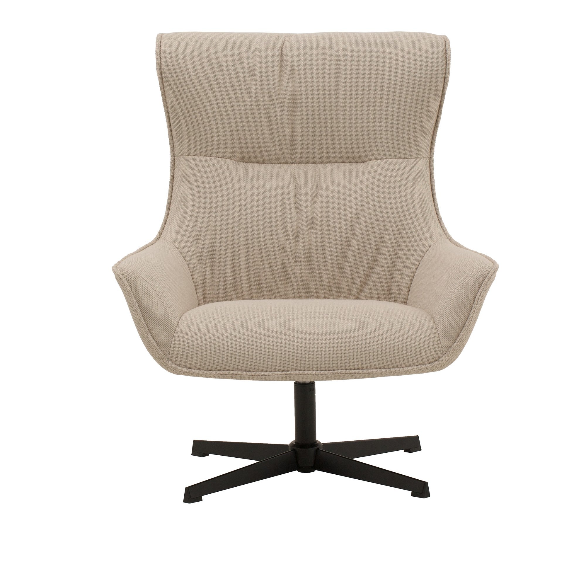 poltrona girevole riga in tessuto beige e base in metallo nero, dettaglio del rivestimento in tessuto o velluto