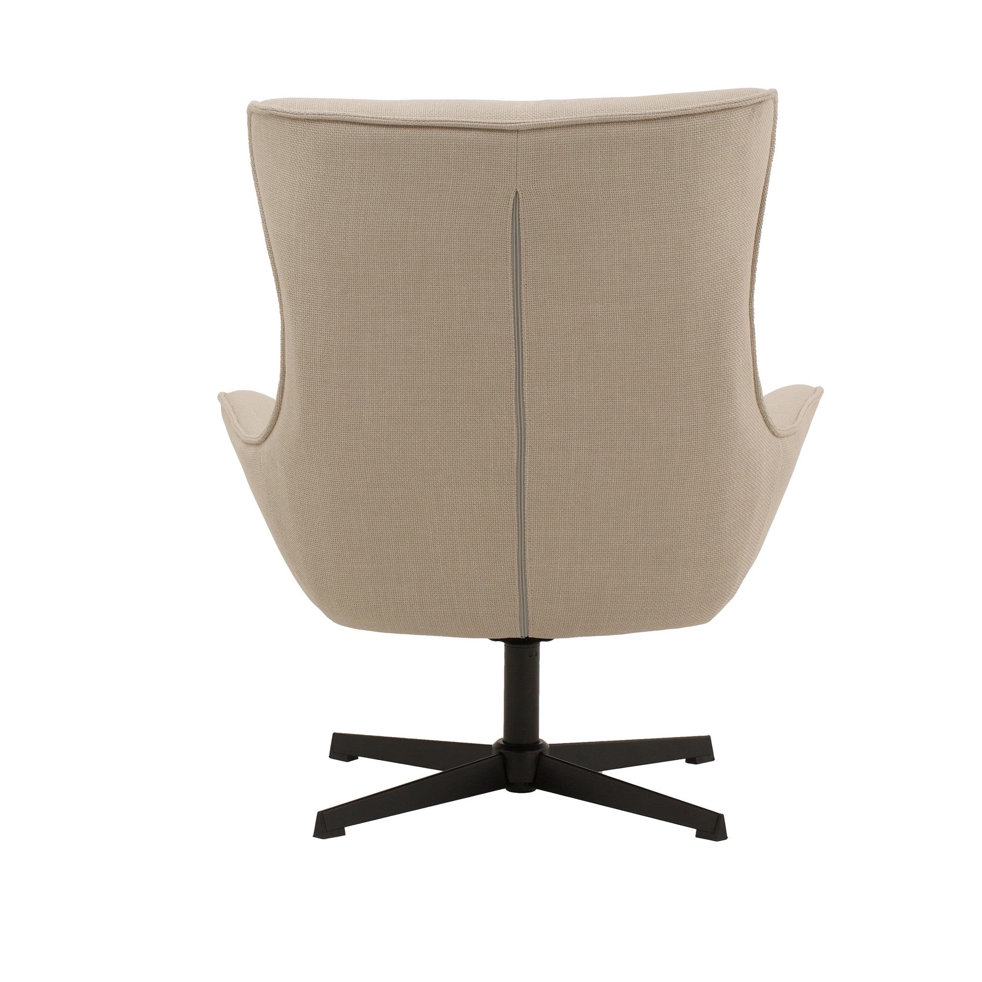 poltrona girevole riga in tessuto beige e base in metallo nero, stile contemporaneo con braccioli comodi e seduta avvolgente