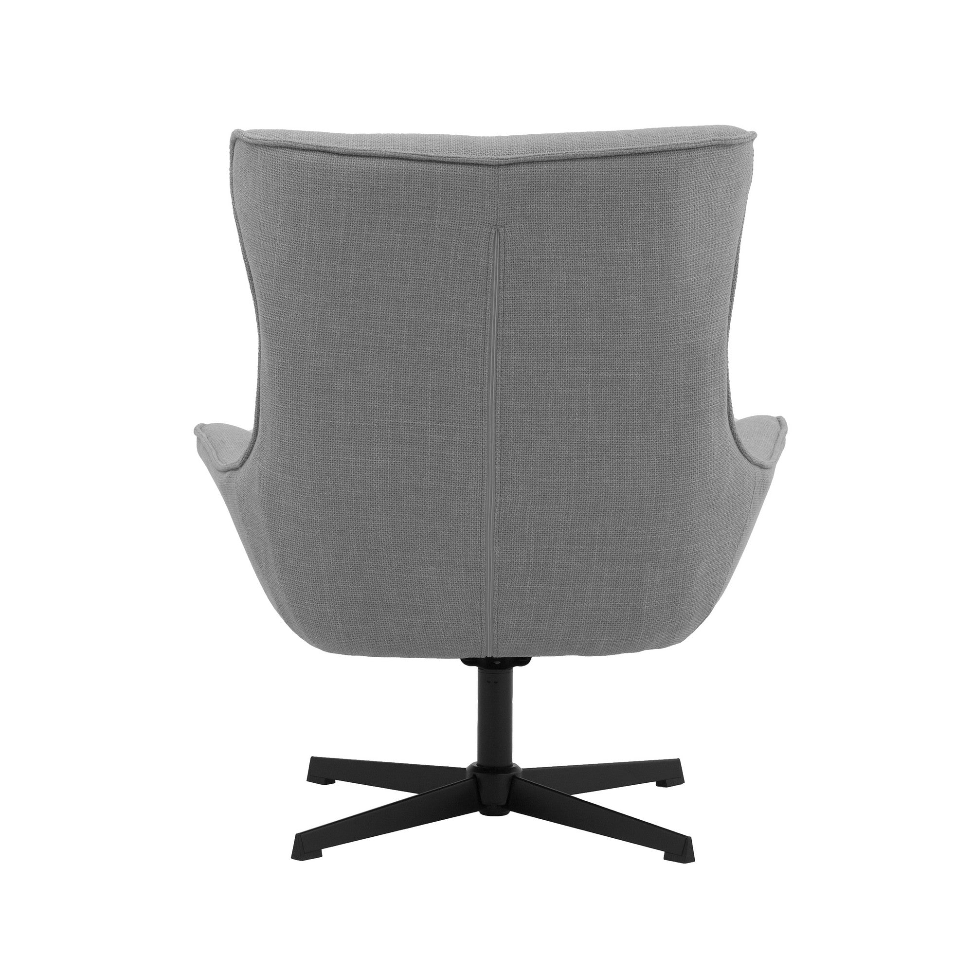 poltrona girevole riga in tessuto grigio e base in metallo nero, stile contemporaneo con braccioli comodi e seduta avvolgente