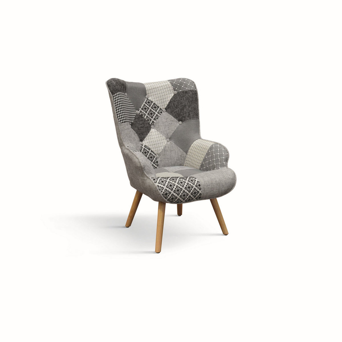 poltrona havana in tessuto patchwork grigio e gambe in legno, poltrona imbottita con struttura solida e design moderno