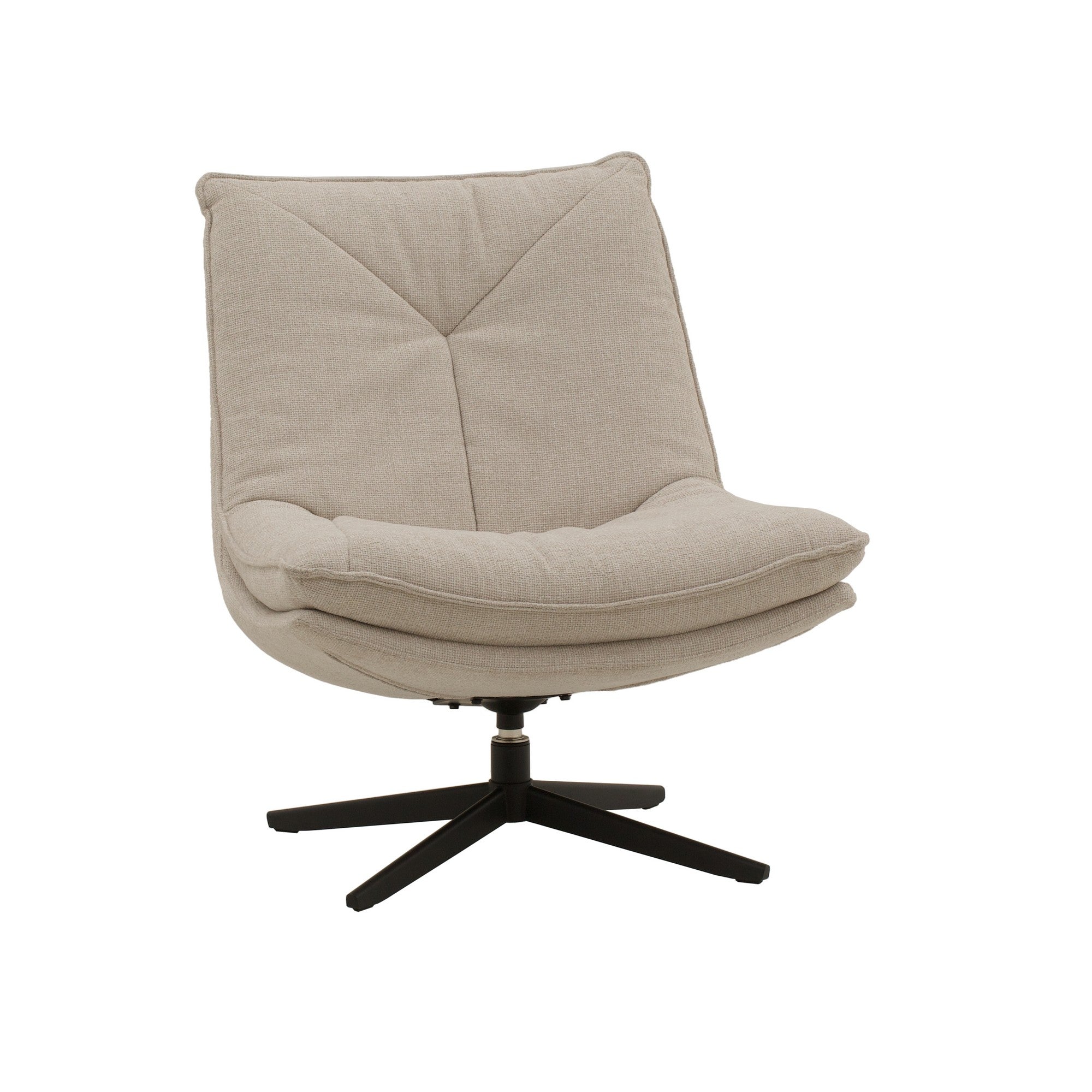 poltrona girevole brikell in tessuto beige e base in metallo nero, poltrona imbottita con struttura solida e design moderno