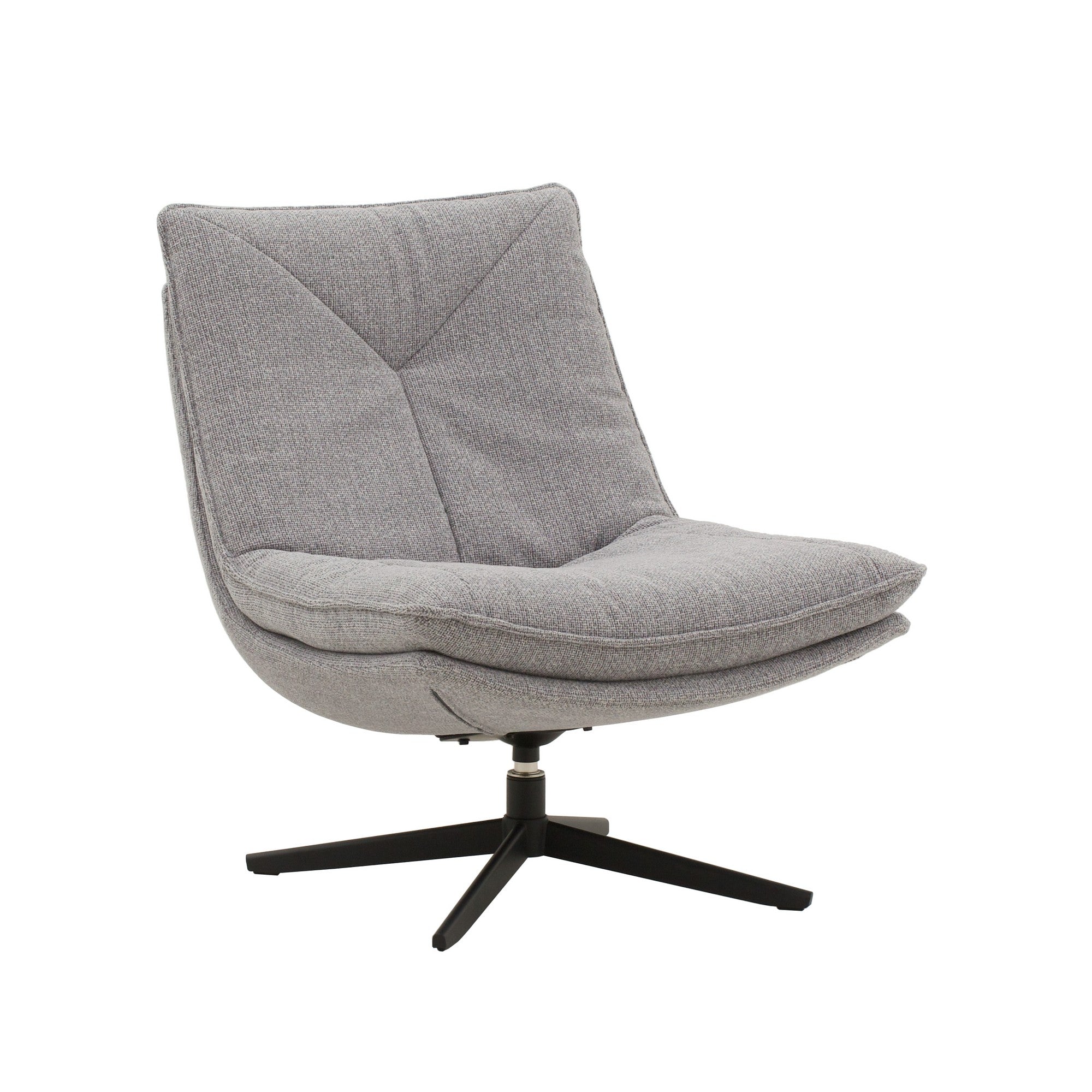 poltrona girevole brikell in tessuto grigio e base in metallo nero, vista ambientata in soggiorno o angolo lettura