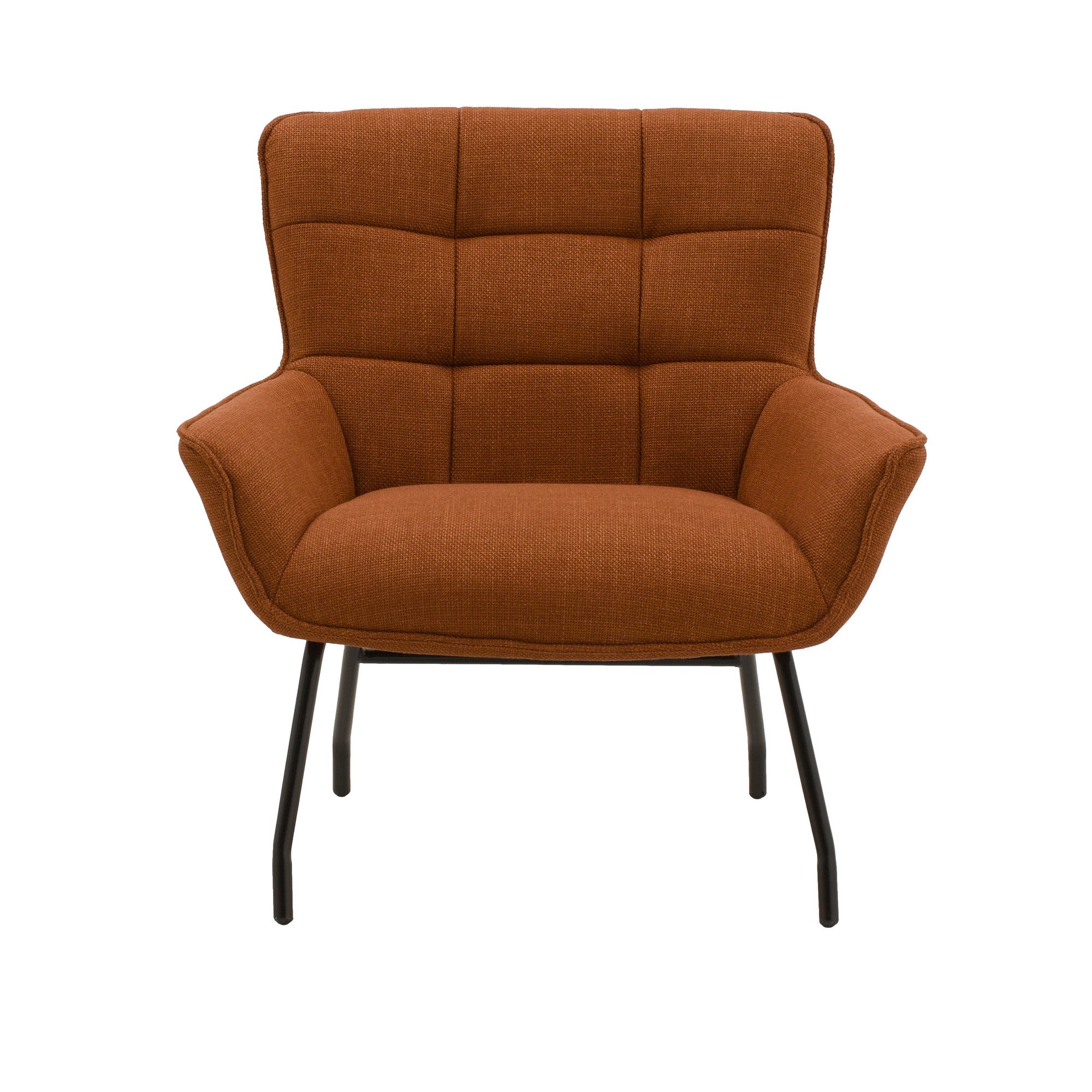 poltrona woolwich in tessuto terracotta e gambe in metallo nero, vista ambientata in soggiorno o angolo lettura