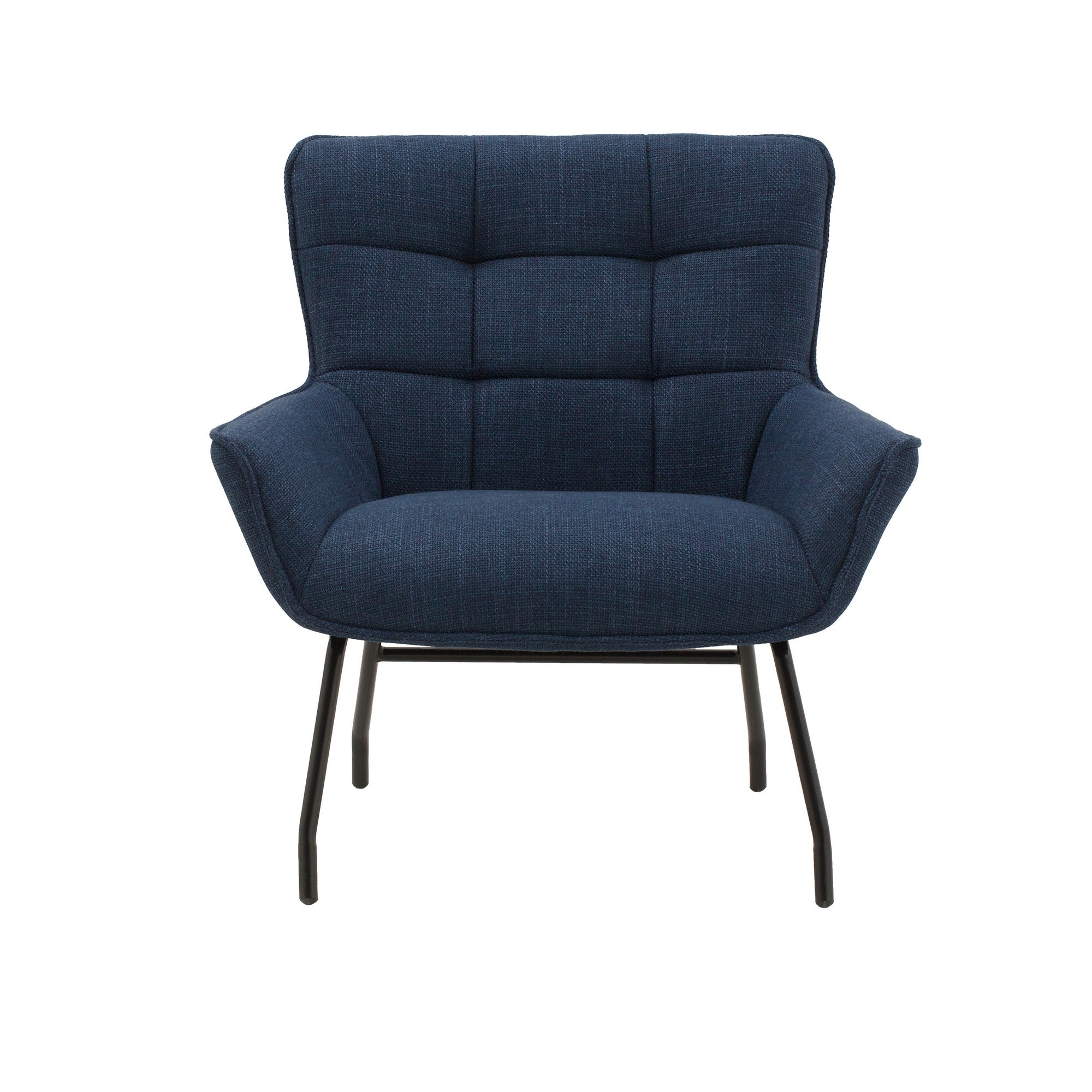 poltrona woolwich in tessuto blu e gambe in metallo nero, vista ambientata in soggiorno o angolo lettura