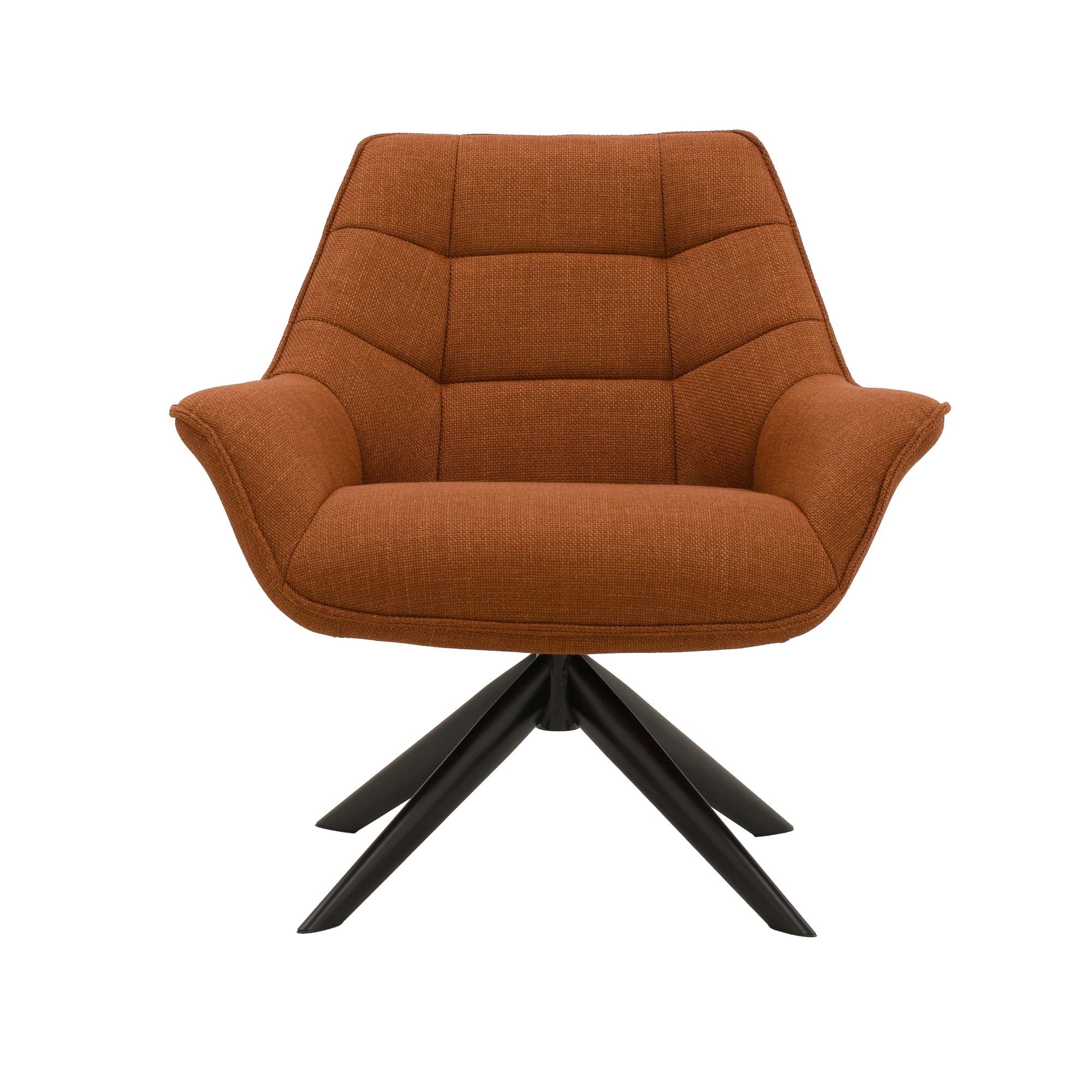 poltrona girevole seaport in tessuto terracotta e gambe in metallo nero, vista ambientata in soggiorno o angolo lettura