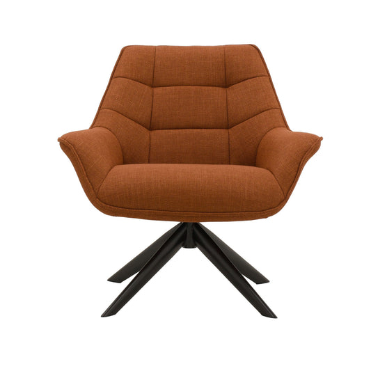 poltrona girevole seaport in tessuto terracotta e gambe in metallo nero, vista ambientata in soggiorno o angolo lettura