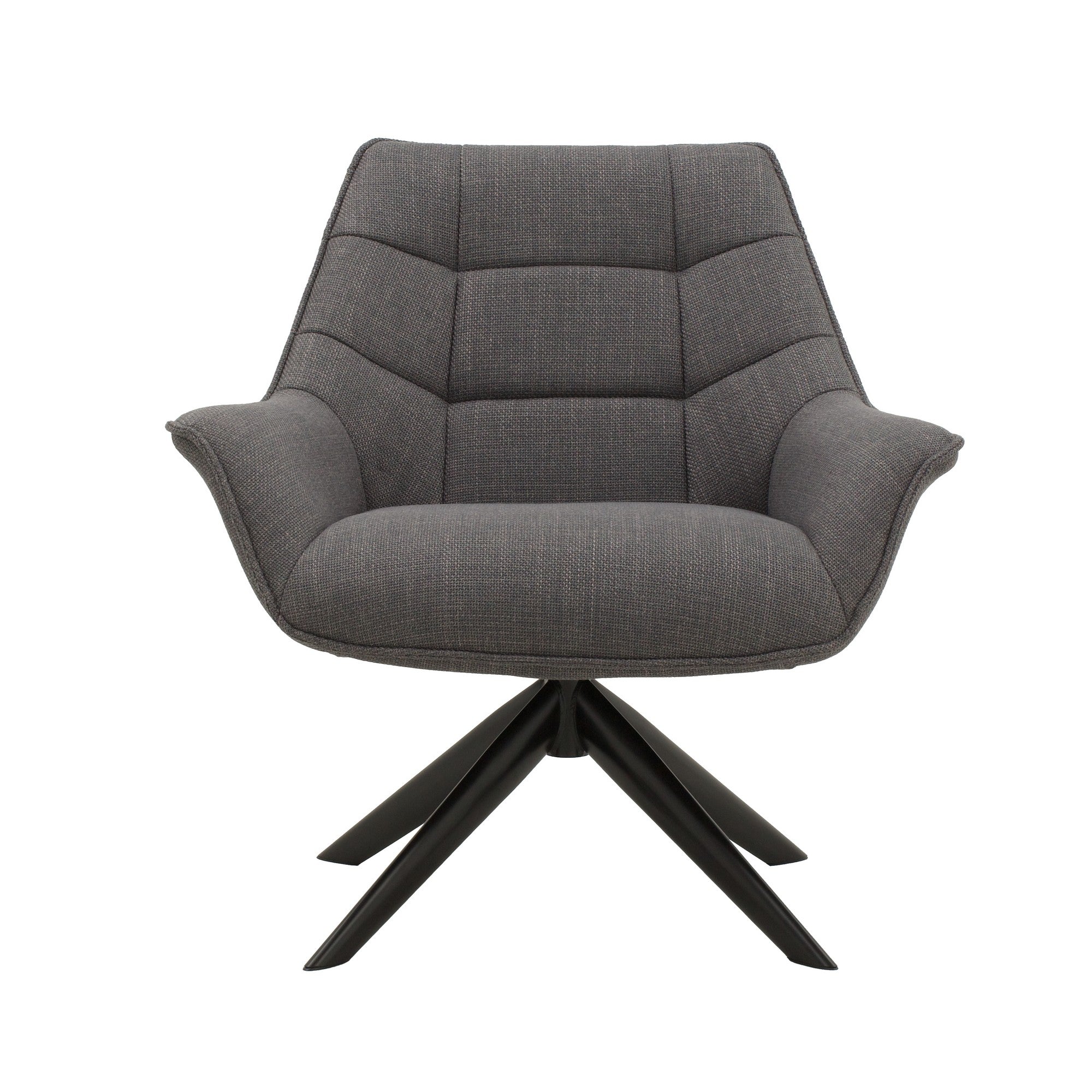 poltrona girevole seaport in tessuto grigio e gambe in metallo nero, vista ambientata in soggiorno o angolo lettura