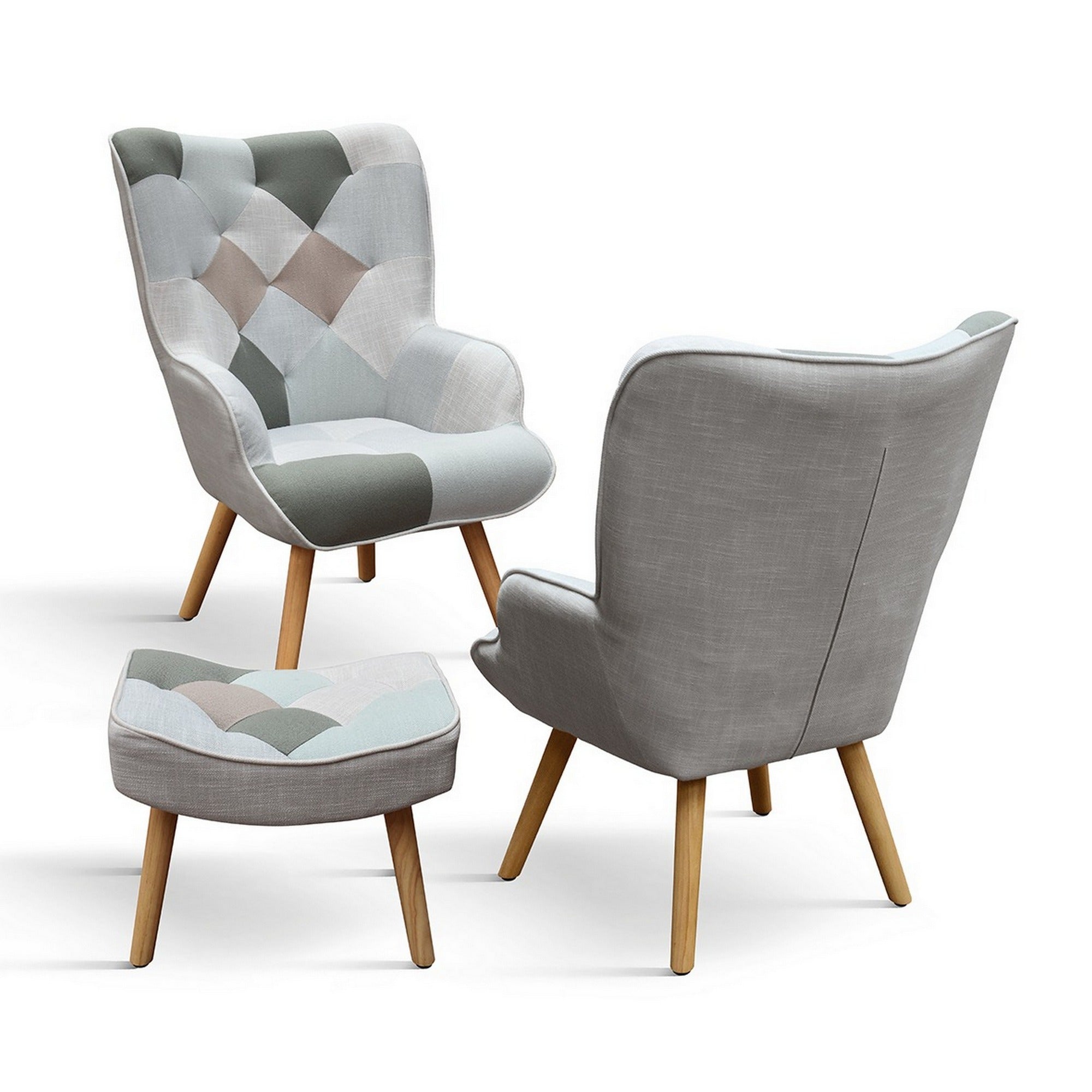 poltrona havana in tessuto multicolore, con poggiapiedi, vista ambientata in soggiorno o angolo lettura