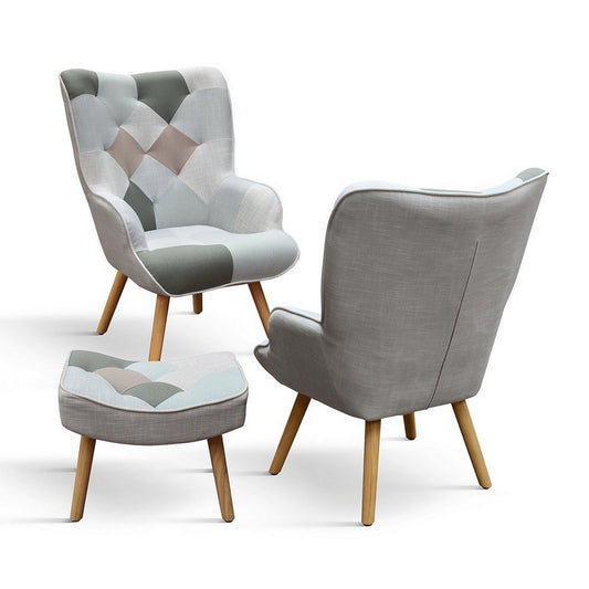 poltrona havana in tessuto multicolore, con poggiapiedi, vista ambientata in soggiorno o angolo lettura