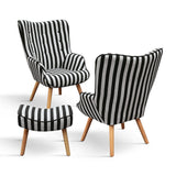 poltrona havana in tessuto a righe bianco e nero e gambe in legno, con poggiapiedi, vista ambientata in soggiorno o angolo...