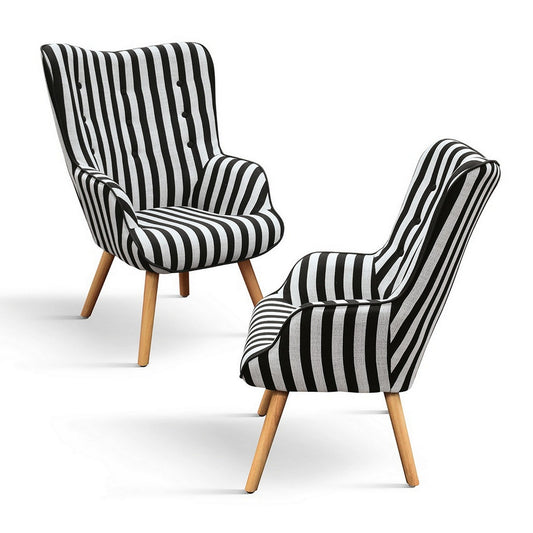 poltrona havana in tessuto a righe bianco e nero e gambe in legno, vista ambientata in soggiorno o angolo lettura