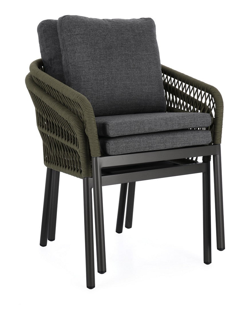 set di 4 poltroncine galdana in alluminio antracite con intreccio in corda verde, con braccioli, struttura in alluminio,...
