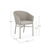 set di 4 poltroncine margalida in alluminio tortora con intreccio in corda tortora, con braccioli, dettaglio dei cuscini...