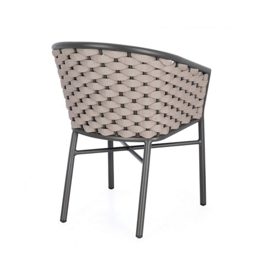 set di 4 poltroncine margalida in alluminio antracite con intreccio in corda beige, con braccioli, particolare della...