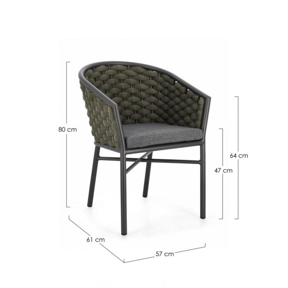 set di 4 poltroncine margalida in alluminio antracite con intreccio in corda verde, con braccioli, dettaglio dei cuscini...