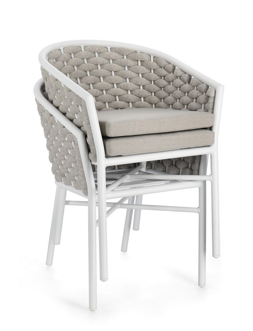 set di 4 poltroncine margalida in alluminio bianco con intreccio in corda grigio, con braccioli, struttura in alluminio,...