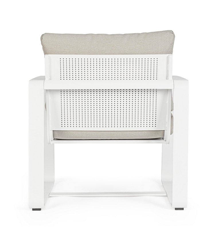 set di 2 poltrone merrigan in alluminio bianco e tessuto tortora, dettaglio dei cuscini imbottiti e tessuto impermeabile