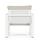 set di 2 poltrone merrigan in alluminio bianco e tessuto tortora, dettaglio dei cuscini imbottiti e tessuto impermeabile