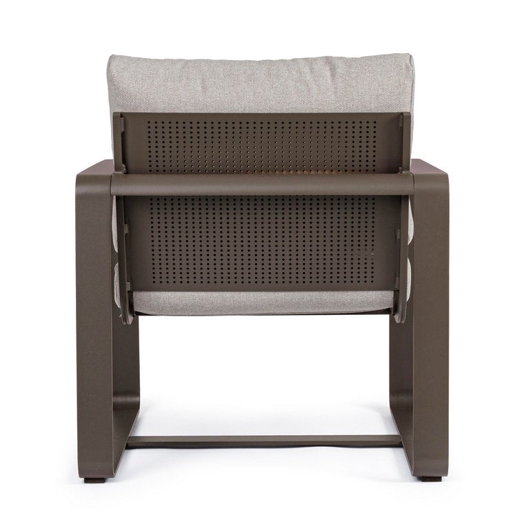 set di 2 poltrone merrigan in alluminio caffè e tessuto tortora, particolare della finitura, tessuto o struttura