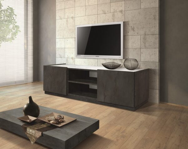 Porta Tv FAVIGNANA in legno, finitura in acciaio ossidato, piano effetto marmo statuario, 160×45 cm