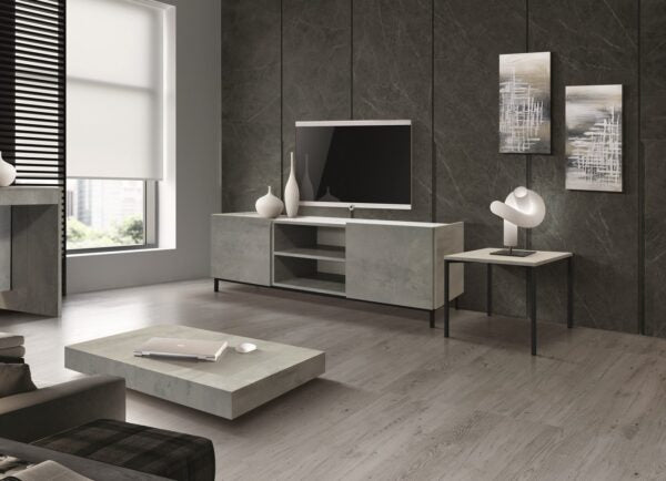 Porta Tv PIETRASANTA in legno, finitura in grigio cemento, piano effetto marmo statuario, 160×45 cm