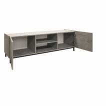 Porta Tv PIETRASANTA in legno, finitura in grigio cemento, piano effetto marmo statuario, 160×45 cm