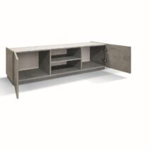 Porta Tv FAVIGNANA in legno, finitura in grigio cemento, piano effetto marmo statuario, 160×45 cm