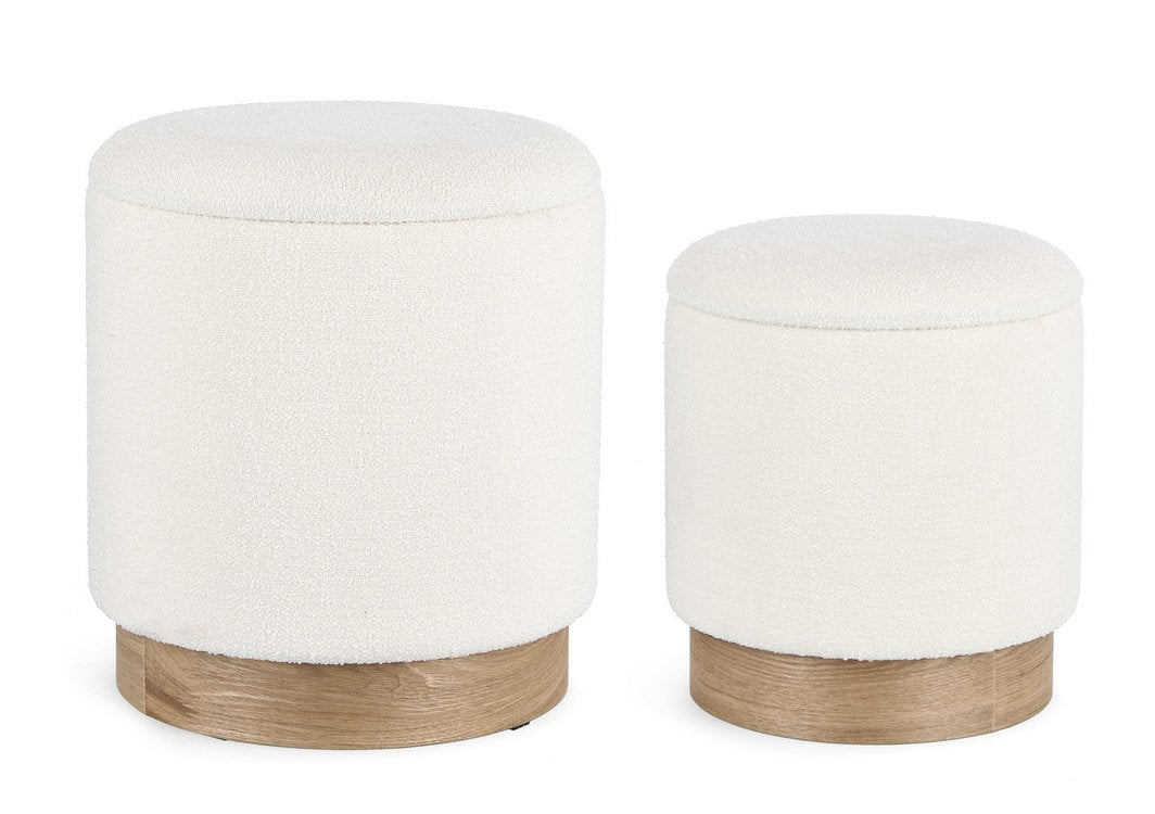 set di 2 pouf contenitore zoya bianco e legno di frassino, pouf imbottito in tessuto o velluto con seduta confortevole