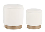 set di 2 pouf contenitore zoya bianco e legno di frassino, pouf imbottito in tessuto o velluto con seduta confortevole