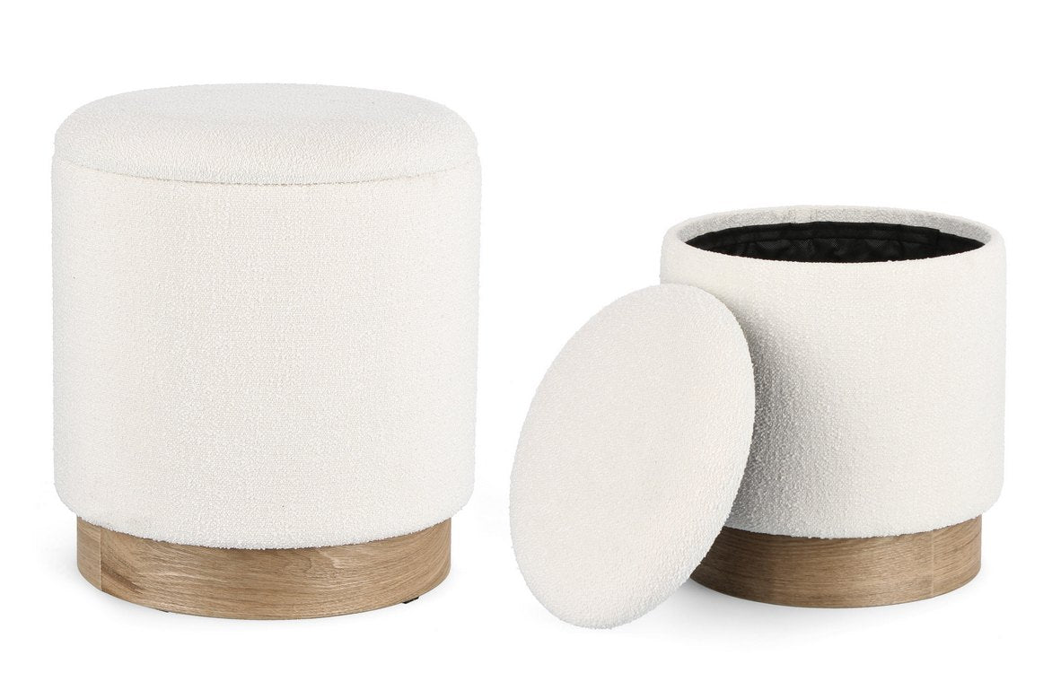 set di 2 pouf contenitore zoya bianco e legno di frassino, complemento d’arredo ideale per soggiorno o camera