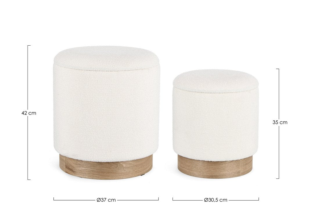 set di 2 pouf contenitore zoya bianco e legno di frassino, dettaglio delle cuciture e materiali di rivestimento