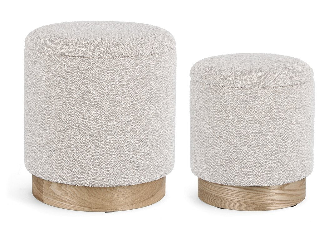 set di 2 pouf contenitore zoya grigio chiaro e legno di frassino, pouf imbottito in tessuto o velluto con seduta confortevole