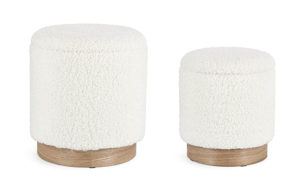 set di 2 pouf contenitore zoya bianco teddy e legno di frassino, pouf imbottito in tessuto o velluto con seduta confortevole