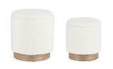 set di 2 pouf contenitore zoya bianco teddy e legno di frassino, pouf imbottito in tessuto o velluto con seduta confortevole
