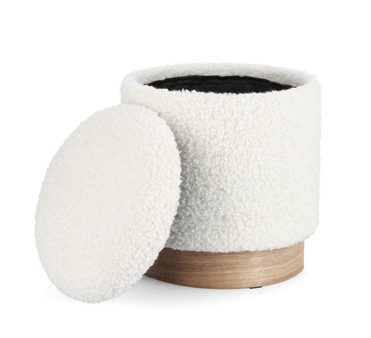 set di 2 pouf contenitore zoya bianco teddy e legno di frassino, complemento d’arredo ideale per soggiorno o camera