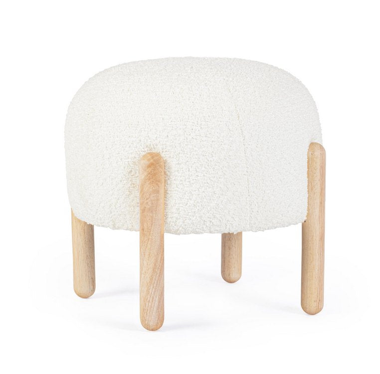 pouf dayla in tessuto bianco effetto bouclé e gambe in legno rubberwood, pouf imbottito in tessuto o velluto con seduta...