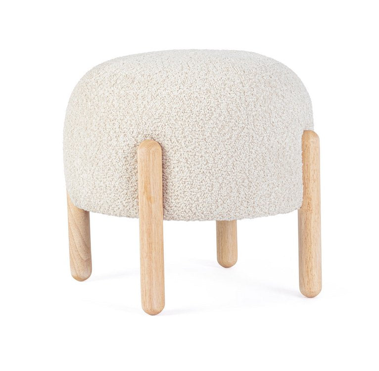 pouf dayla in tessuto naturale effetto bouclé e gambe in legno rubberwood, pouf imbottito in tessuto o velluto con seduta...