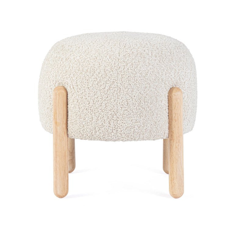 pouf dayla in tessuto naturale effetto bouclé e gambe in legno rubberwood, complemento d’arredo ideale per soggiorno o camera