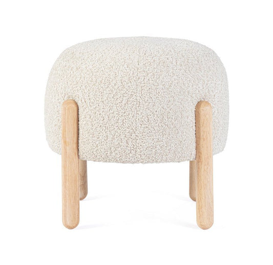 pouf dayla in tessuto naturale effetto bouclé e gambe in legno rubberwood, complemento d’arredo ideale per soggiorno o camera
