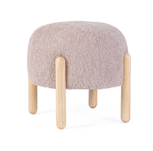 Pouf DAYLA in tessuto rosa antico effetto bouclé e gambe in legno rubberwood