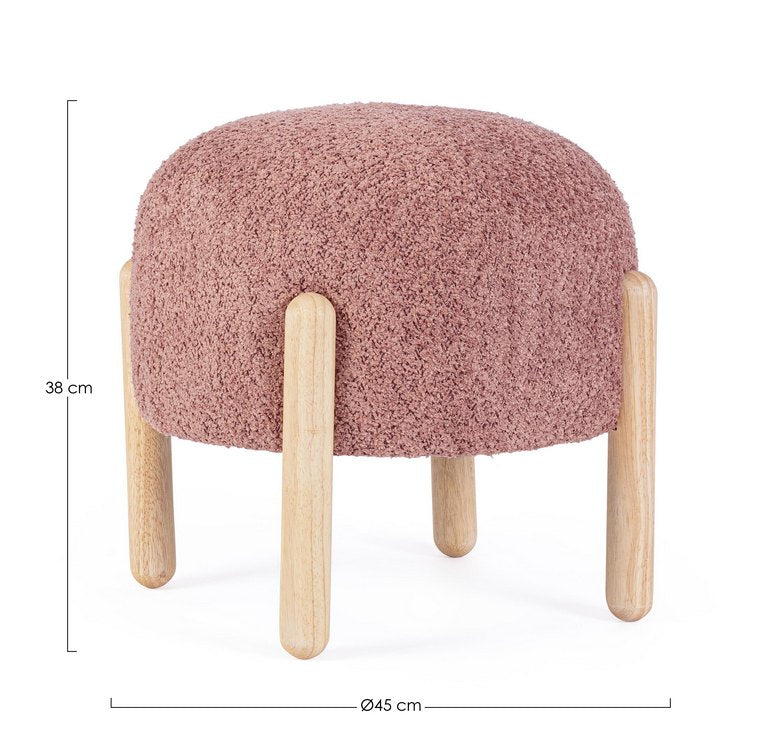 pouf dayla in tessuto rosa scuro effetto bouclé e gambe in legno rubberwood, dettaglio delle cuciture e materiali di...