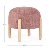 pouf dayla in tessuto rosa scuro effetto bouclé e gambe in legno rubberwood, dettaglio delle cuciture e materiali di...