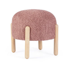 Pouf DAYLA in tessuto rosa scuro effetto bouclé e gambe in legno rubberwood