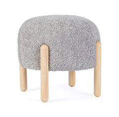 Pouf DAYLA in tessuto grigio chiaro effetto bouclé e gambe in legno rubber wood