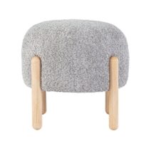 Pouf DAYLA in tessuto grigio chiaro effetto bouclé e gambe in legno rubber wood