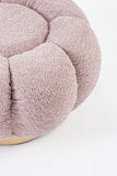 pouf florel in tessuto effetto bouclé rosa antico, dettaglio delle cuciture e materiali di rivestimento