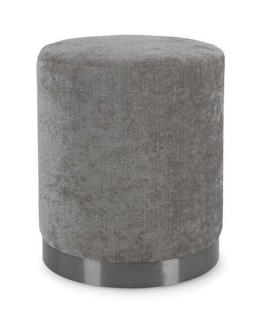 pouf ernestine in tessuto grigio scuro e anello color metallo, pouf imbottito in tessuto o velluto con seduta confortevole