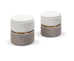 Set di 2 Pouf contenitore SKIEN in tessuto effetto velluto bianco e tortora