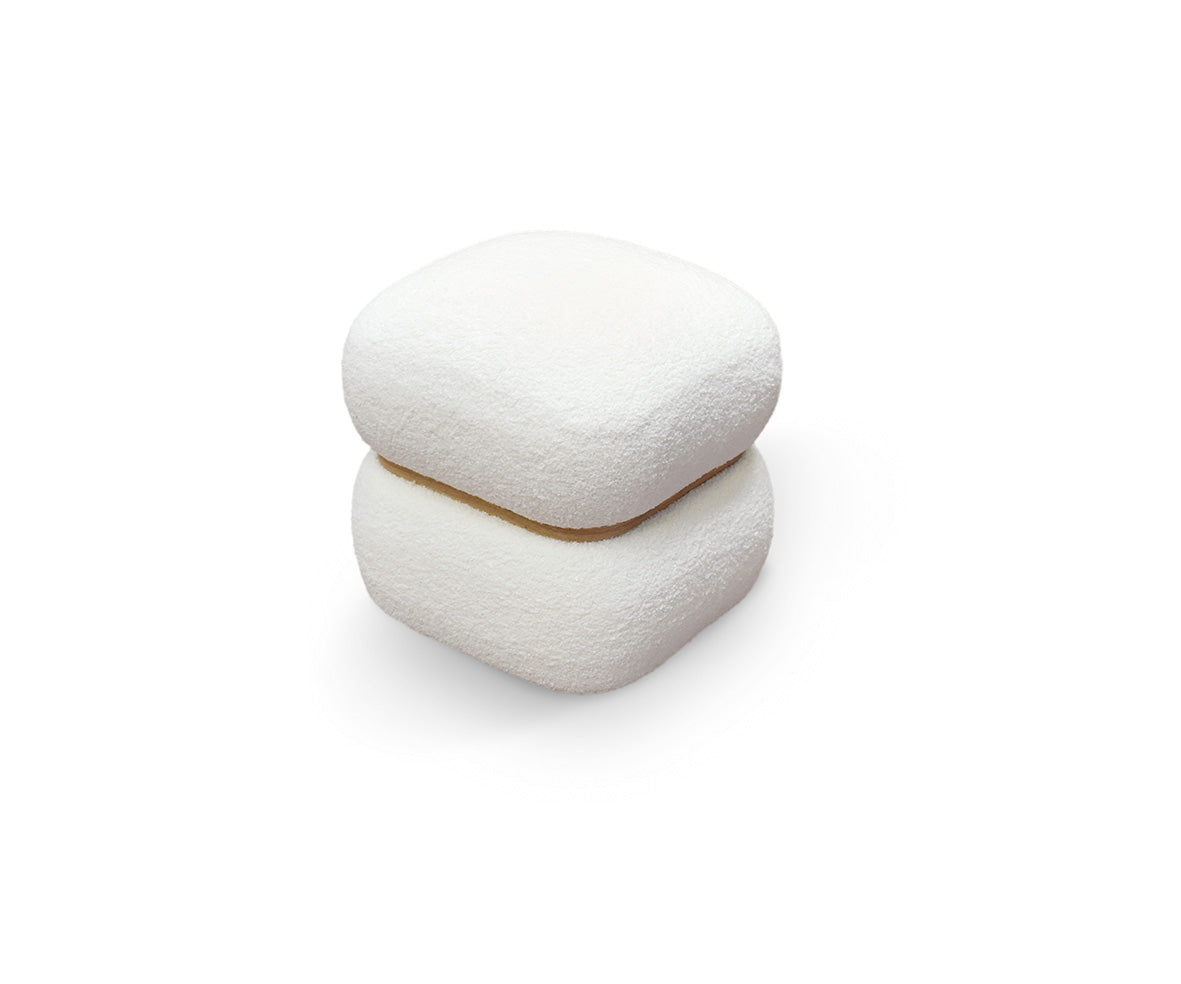 pouf boston quadrato in tessuto effetto lana bianco e anello in legno, pouf imbottito in tessuto o velluto con seduta...